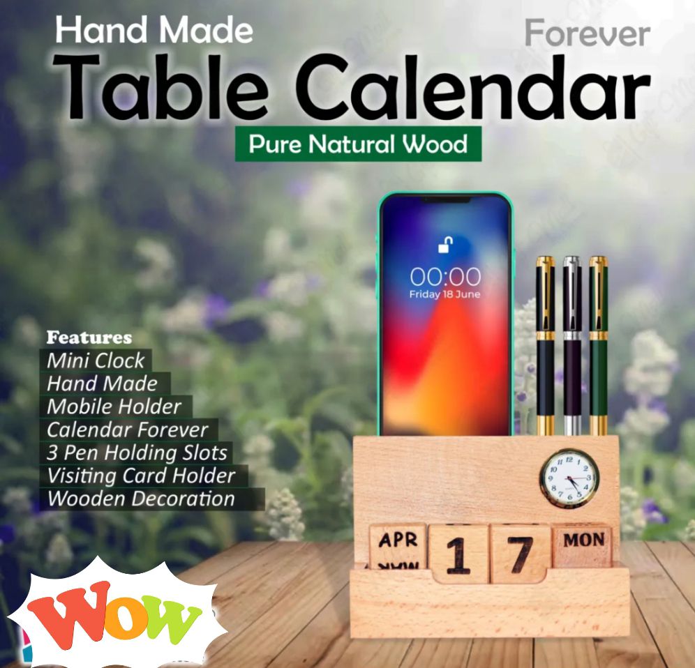 Wooden Table Calendar with Clock
